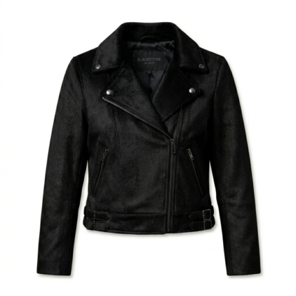 Sleek All Black Pony Hair Leather Biker Jacket Blackstone Jackets