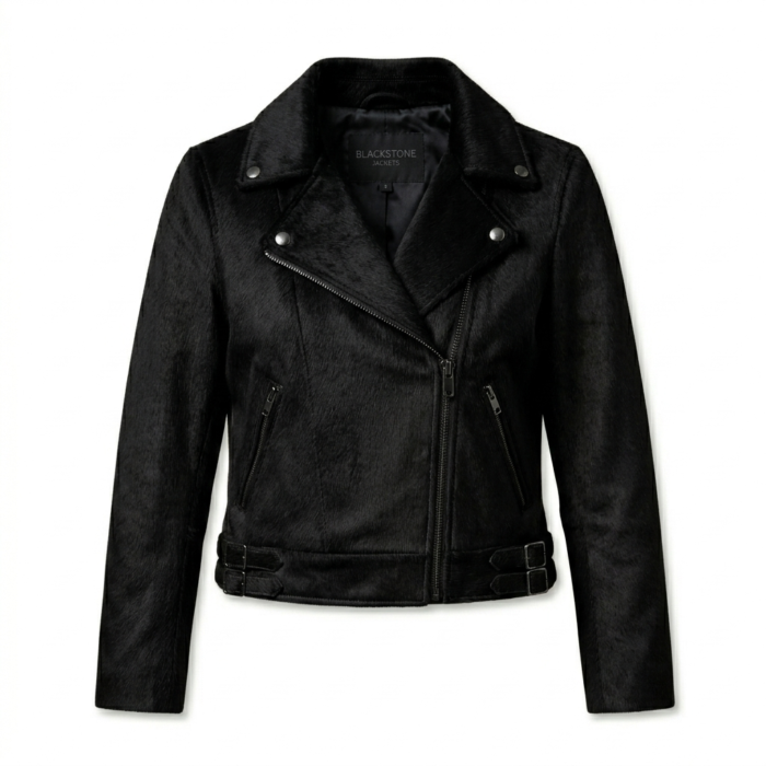 Sleek All Black Pony Hair Leather Biker Jacket Blackstone Jackets