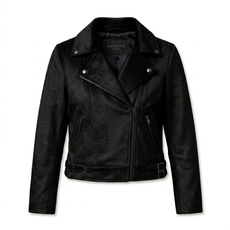 Sleek All Black Pony Hair Leather Biker Jacket Blackstone Jackets
