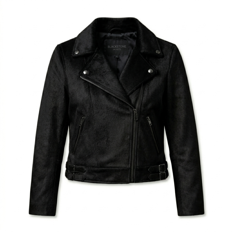 Sleek All Black Pony Hair Leather Biker Jacket Blackstone Jackets