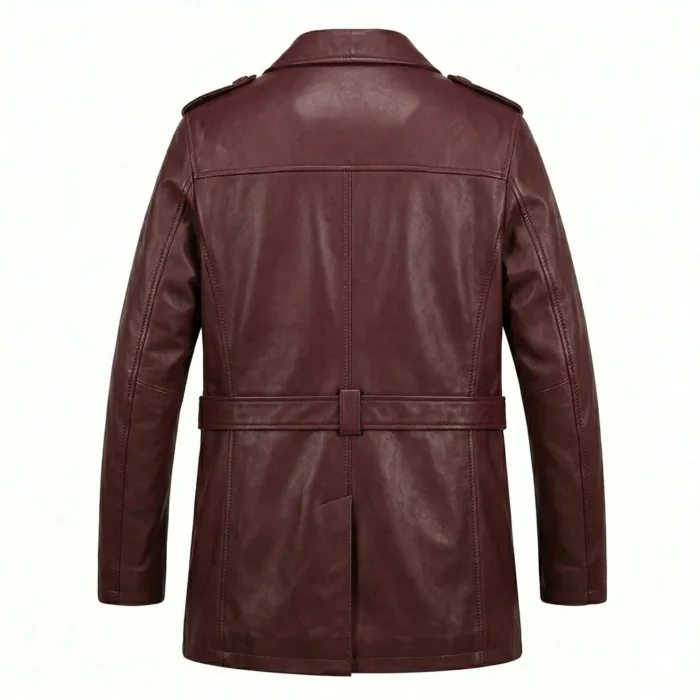 Authentic Men's Maroon Leather Pea Coat For Sale back Blackstone Jackets