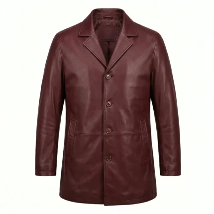 Authentic Men's Maroon Leather Pea Coat For Sale back Blackstone Jackets