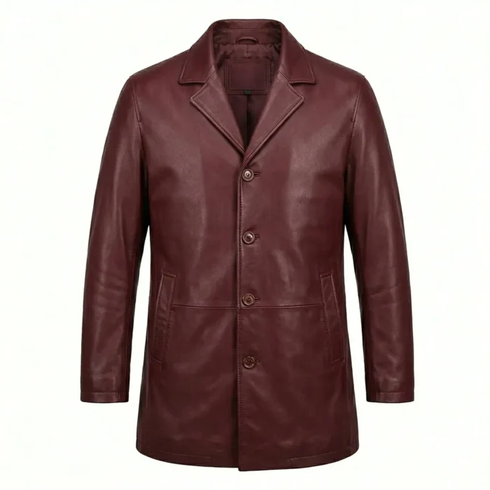 Authentic Men's Maroon Leather Pea Coat For Sale back Blackstone Jackets