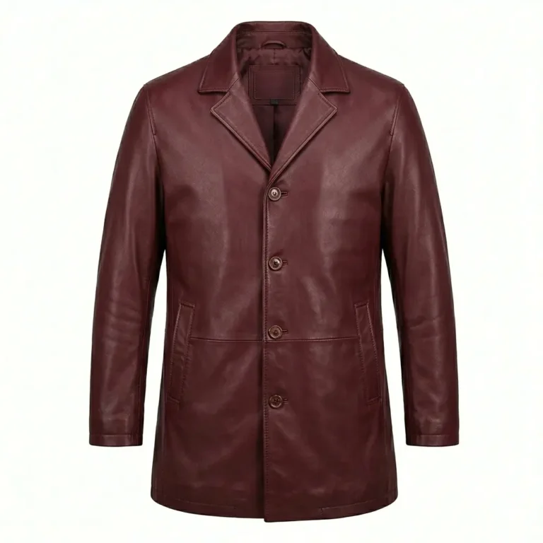 Authentic Men's Maroon Leather Pea Coat For Sale back Blackstone Jackets