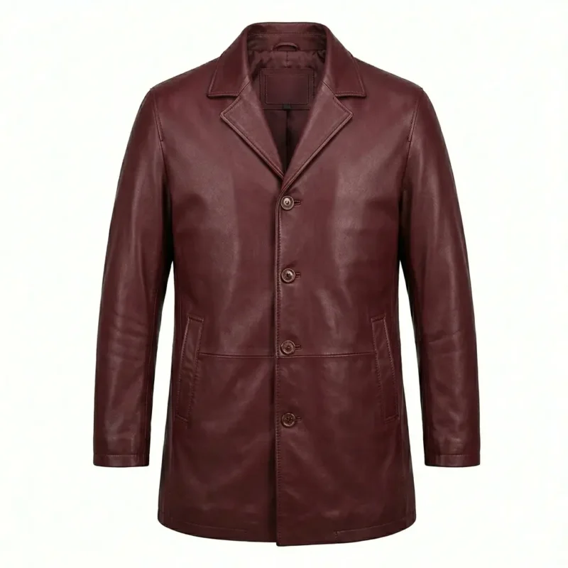 Authentic Men's Maroon Leather Pea Coat For Sale back Blackstone Jackets
