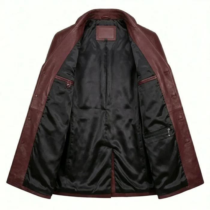 Authentic Men's Maroon Leather Pea Coat For Sale back Blackstone Jackets