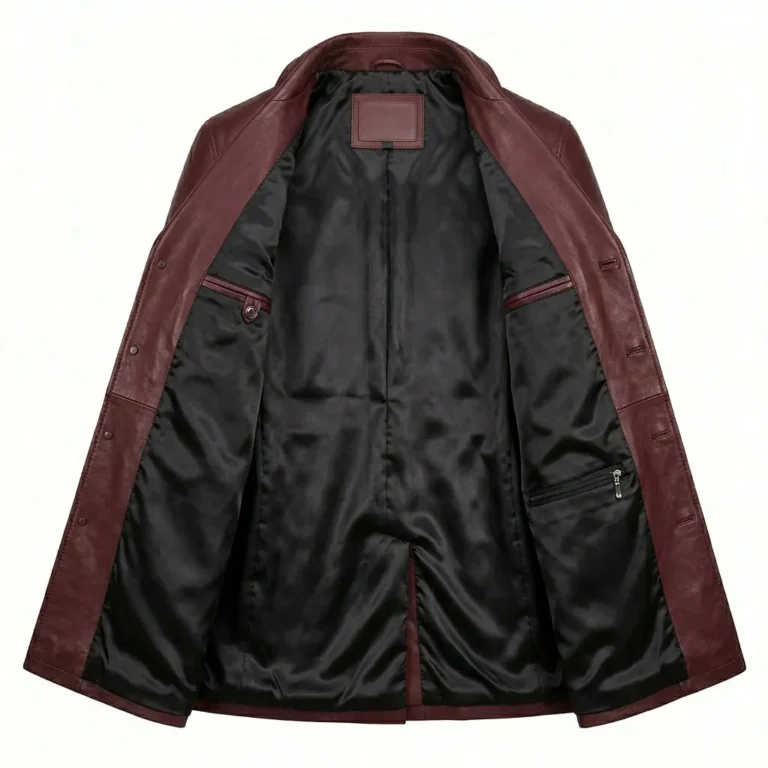 Authentic Men's Maroon Leather Pea Coat For Sale back Blackstone Jackets