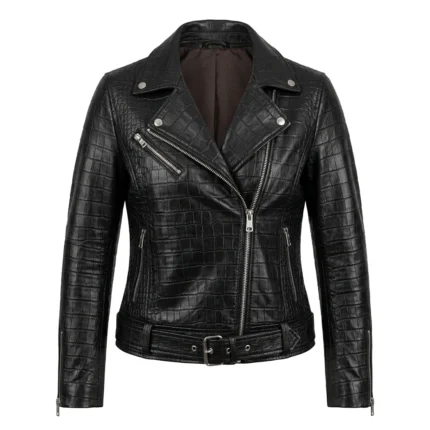 Crafted Women's Black Crocodile Embossed Leather Jacket Blackstone Jackets