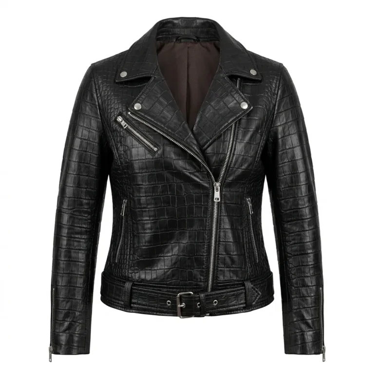 Crafted Women's Black Crocodile Embossed Leather Jacket Blackstone Jackets