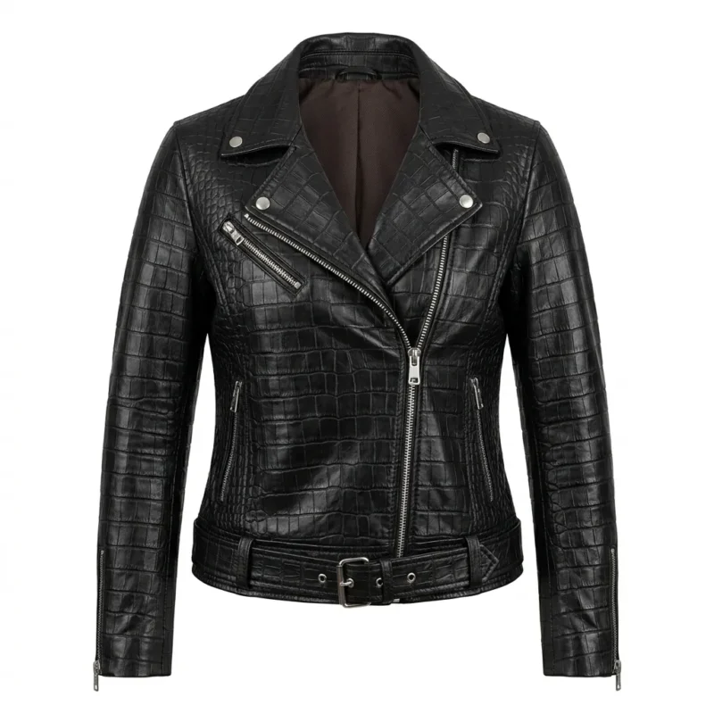 Crafted Women's Black Crocodile Embossed Leather Jacket Blackstone Jackets
