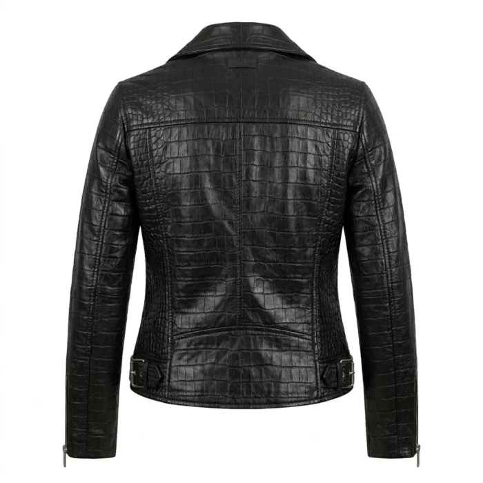 Crafted Women's Black Crocodile Embossed Leather Jacket Blackstone Jackets Back View