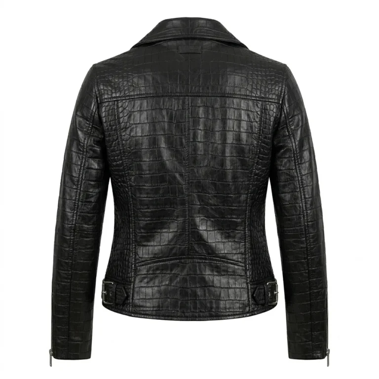 Crafted Women's Black Crocodile Embossed Leather Jacket Blackstone Jackets Back View