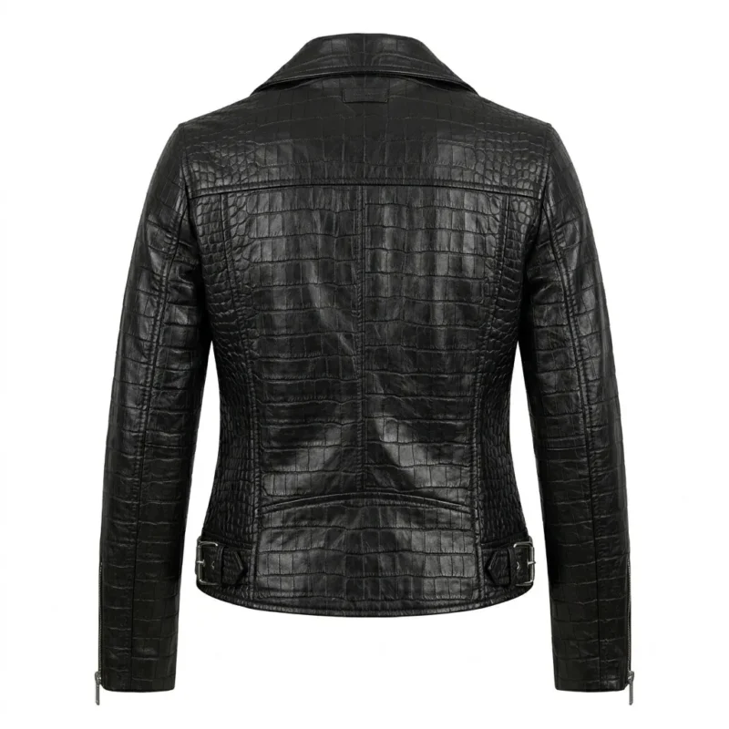 Crafted Women's Black Crocodile Embossed Leather Jacket Blackstone Jackets Back View
