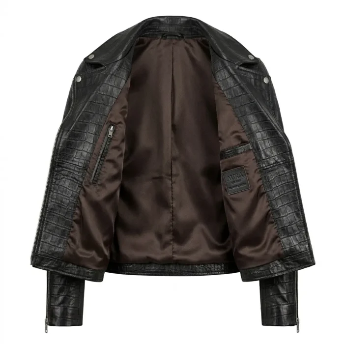 Crafted Women's Black Crocodile Embossed Leather Jacket Blackstone Jackets Inner View