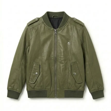 Deluxe Boys Kids Olive Green Leather Bomber Jacket Blackstone Jackets