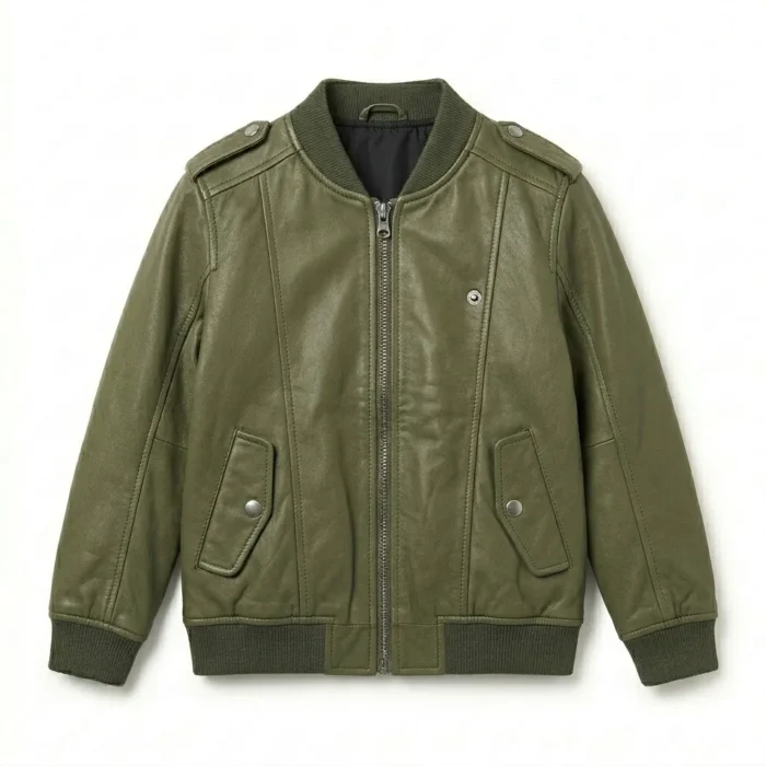 Deluxe Boys Kids Olive Green Leather Bomber Jacket Blackstone Jackets