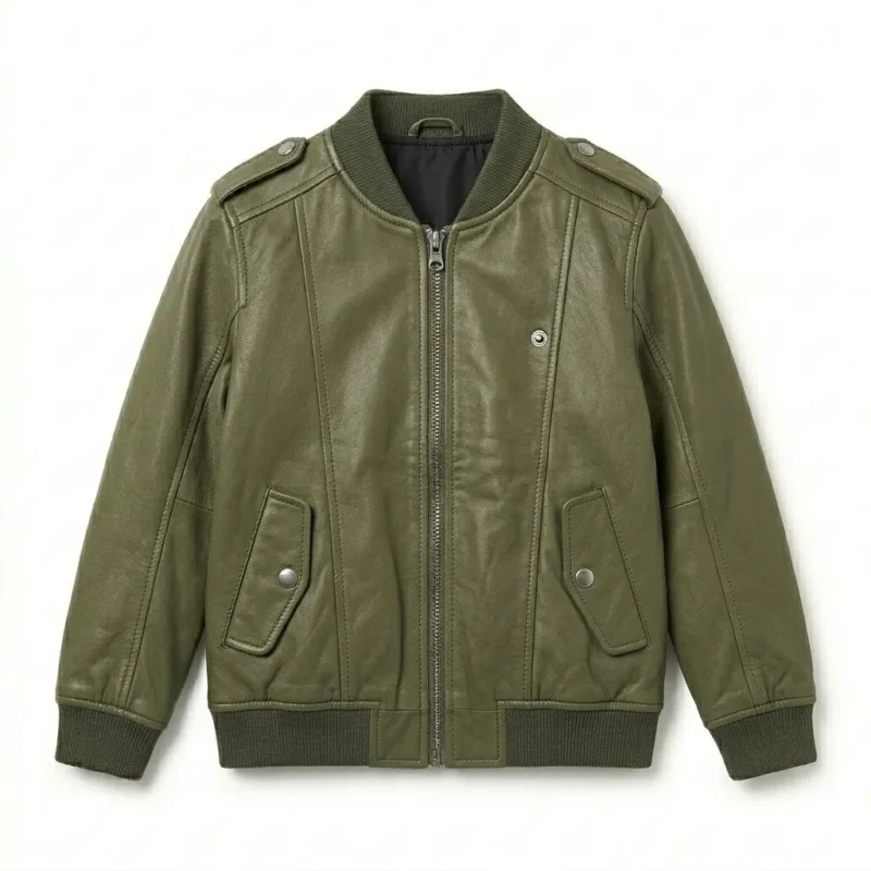 Deluxe Boys Kids Olive Green Leather Bomber Jacket Blackstone Jackets