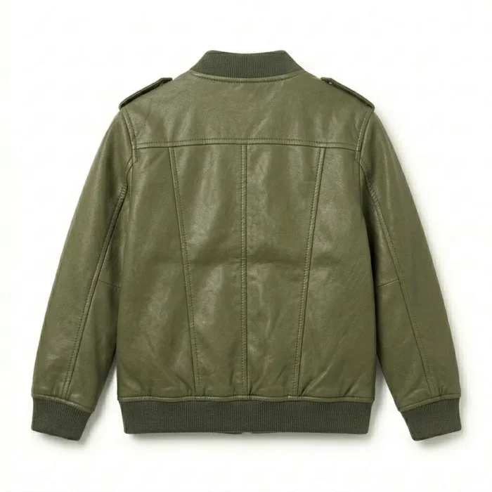 Deluxe Boys Kids Olive Green Leather Bomber Jacket Blackstone Jackets Back View