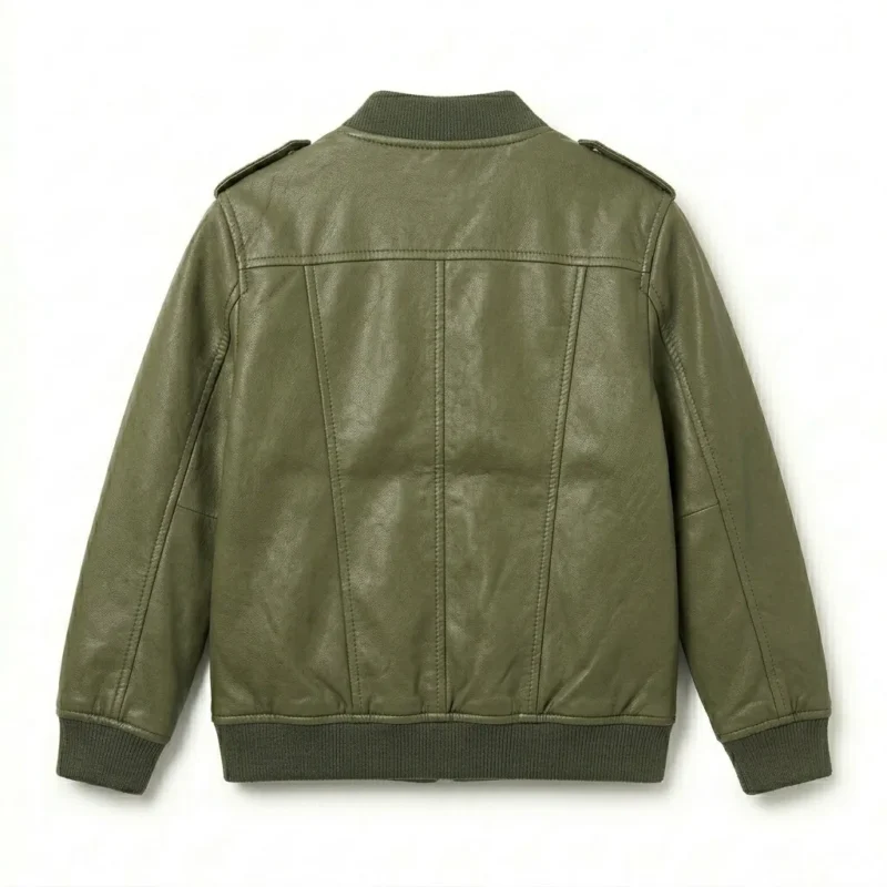 Deluxe Boys Kids Olive Green Leather Bomber Jacket Blackstone Jackets Back View