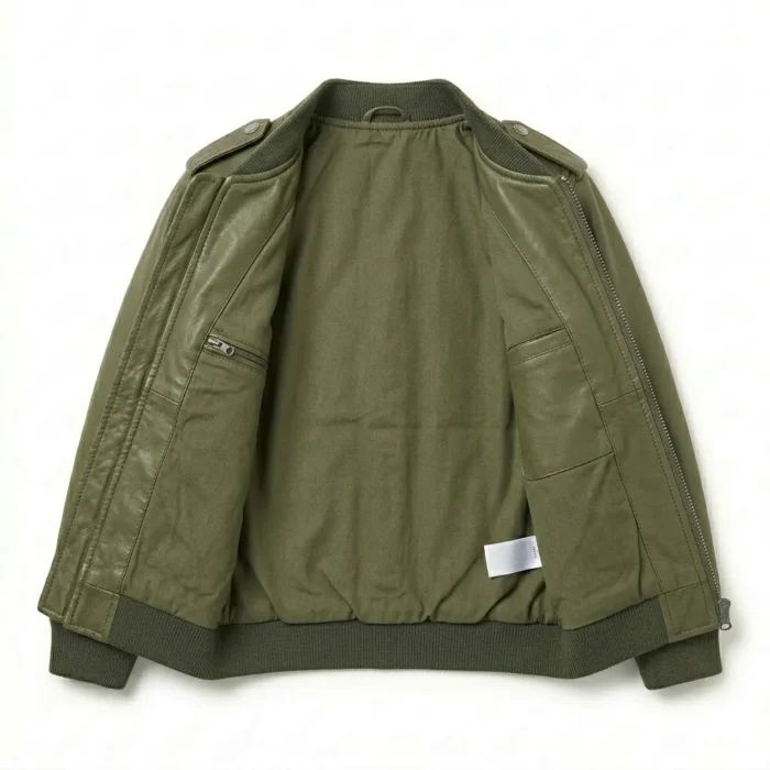 Deluxe Boys Kids Olive Green Leather Bomber Jacket Blackstone Jackets Inner View
