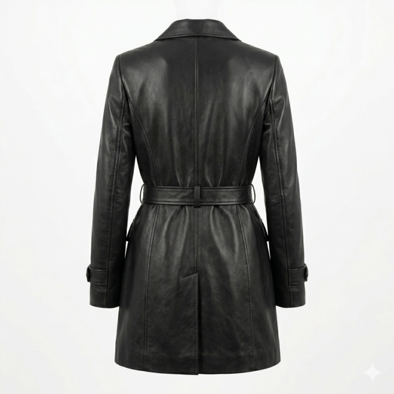 Deluxe Women's Black Leather Overcoat Stylish Belted Blackstone Jackets back view