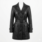 Deluxe Women's Black Leather Overcoat Stylish Belted Blackstone Jackets front view'