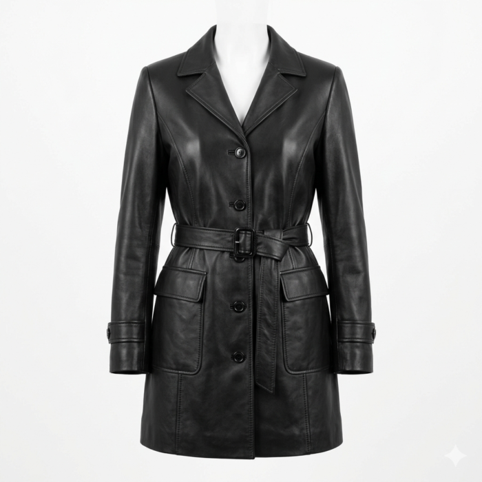 Deluxe Women's Black Leather Overcoat Stylish Belted Blackstone Jackets front view'