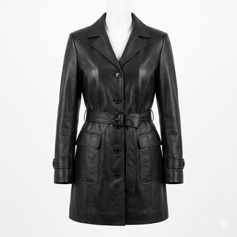 Deluxe Women's Black Leather Overcoat Stylish Belted Blackstone Jackets front view'