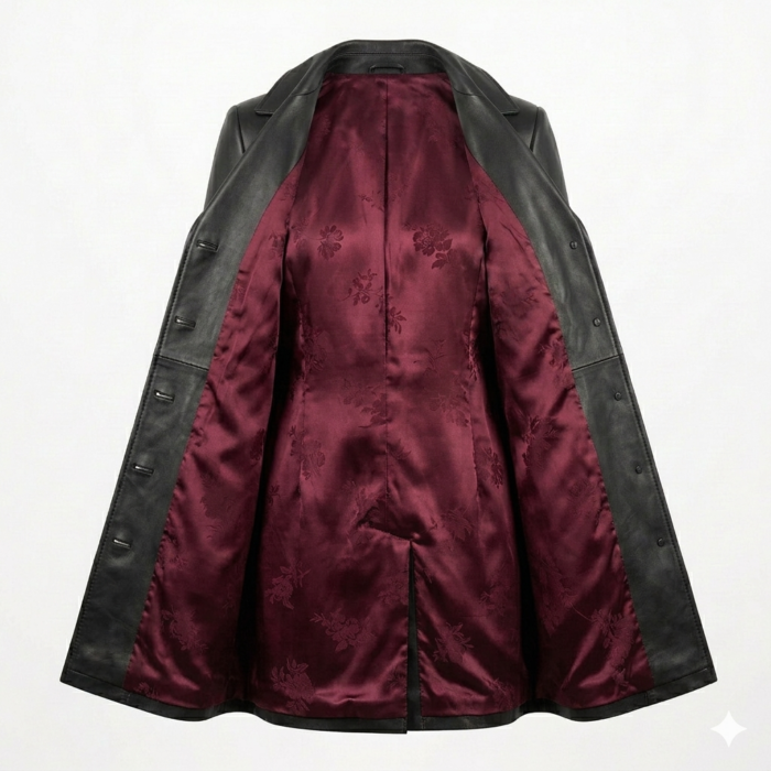 Deluxe Women's Black Leather Overcoat Stylish Belted Blackstone Jackets inner view