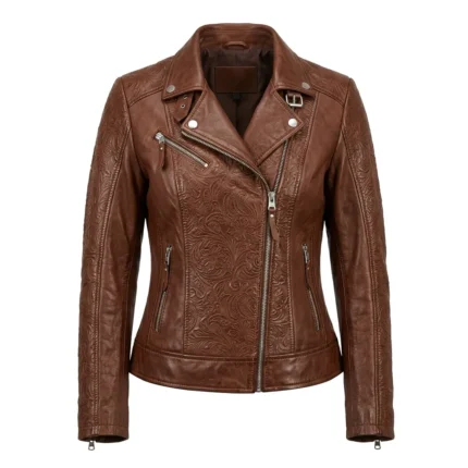 Designer Women's Black Leather Embossed Jacket Blackstone Jackets