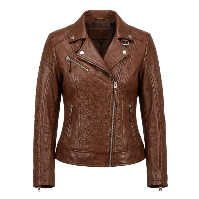 Designer Women's Black Leather Embossed Jacket Blackstone Jackets