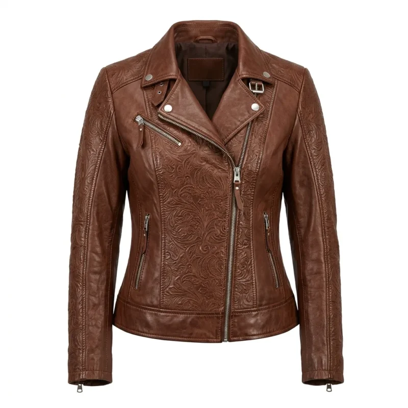 Designer Women's Black Leather Embossed Jacket Blackstone Jackets