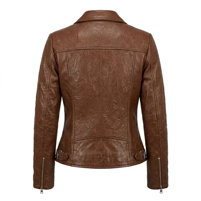 Designer Women's Black Leather Embossed Jacket Blackstone Jackets Back View