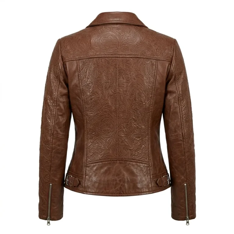 Designer Women's Black Leather Embossed Jacket Blackstone Jackets Back View