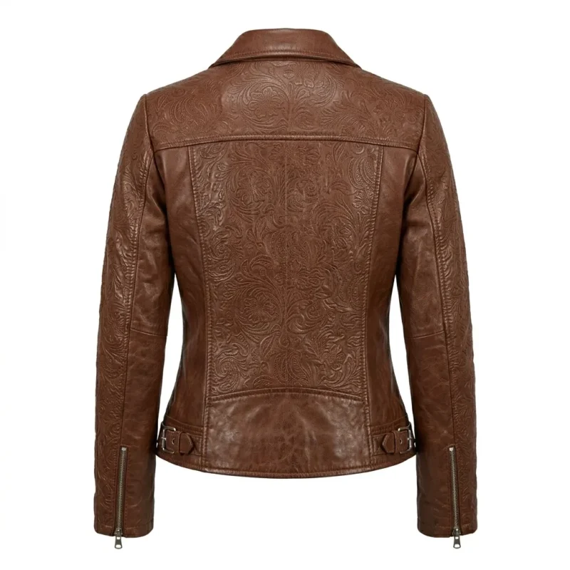 Designer Women's Black Leather Embossed Jacket Blackstone Jackets Back View