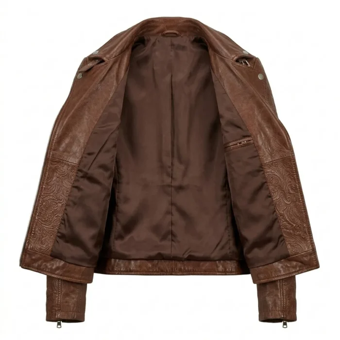 Designer Women's Black Leather Embossed Jacket Blackstone Jackets Inner View