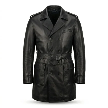 Elegant Men's Black Leather Trench Over Coat With Belt Sale Blackstone Jackets