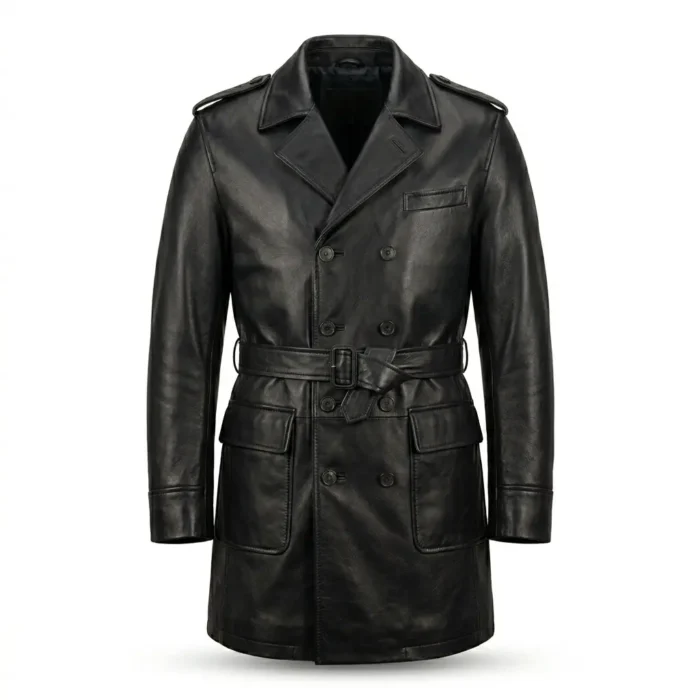 Elegant Men's Black Leather Trench Over Coat With Belt Sale Blackstone Jackets