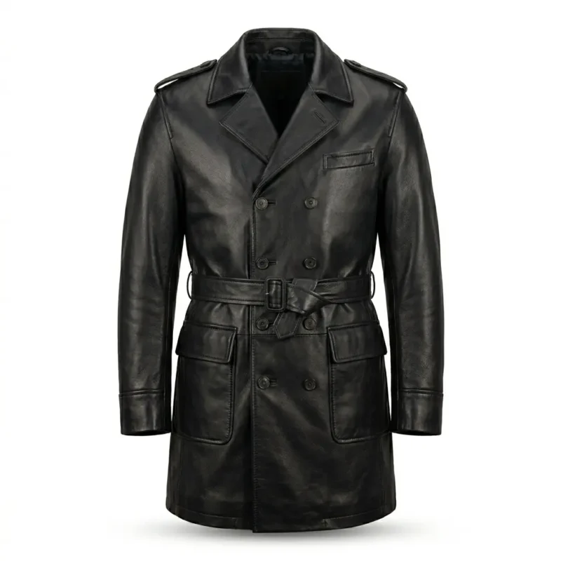 Elegant Men's Black Leather Trench Over Coat With Belt Sale Blackstone Jackets