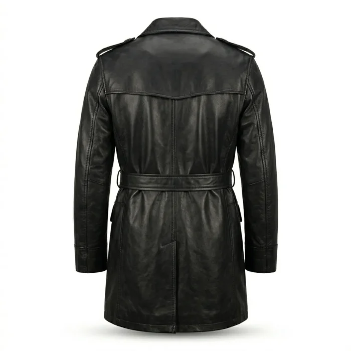 Elegant Men's Black Leather Trench Over Coat With Belt Sale Blackstone Jackets