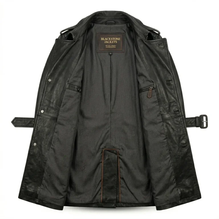 Elegant Men's Black Leather Trench Over Coat With Belt Sale Blackstone Jackets