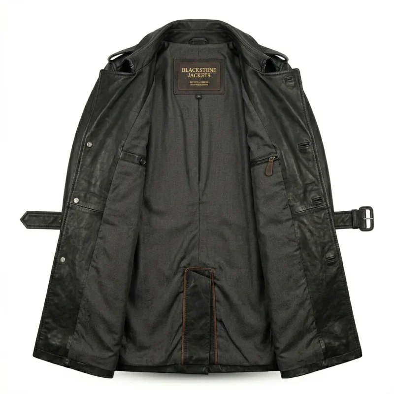Elegant Men's Black Leather Trench Over Coat With Belt Sale Blackstone Jackets