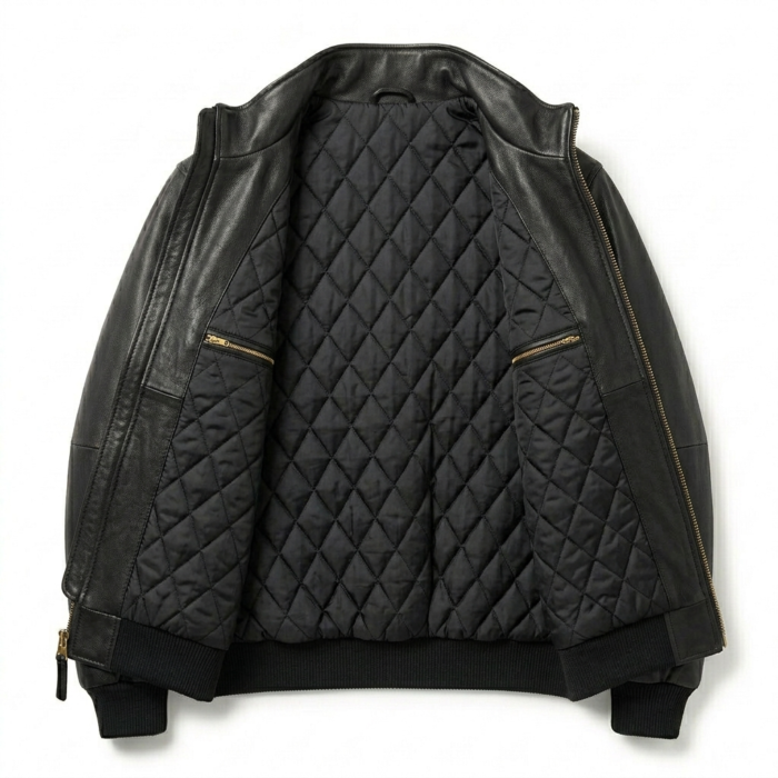Elite Men's Black Wool Leather Jacket Blackstone Jackets Inner View
