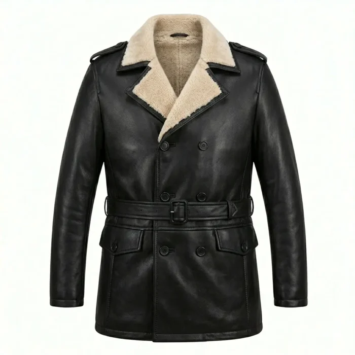 Exquisite Men's Black Leather Shearling Belted Coat Sale | Blackstone Jackets