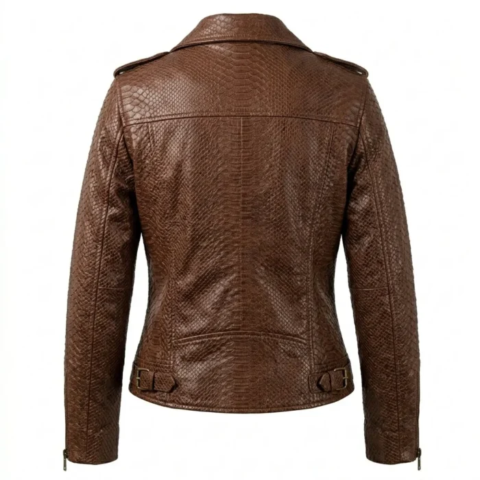 Heritage Inspired Women's Brown Snake Embossed Leather Jacket Blackstone Jackets Back View