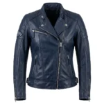 Iconic Women's Navy Blue Leather Moto Jacket Blackstone Jackets