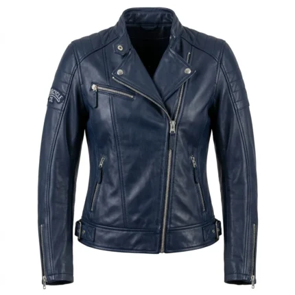 Iconic Women's Navy Blue Leather Moto Jacket Blackstone Jackets