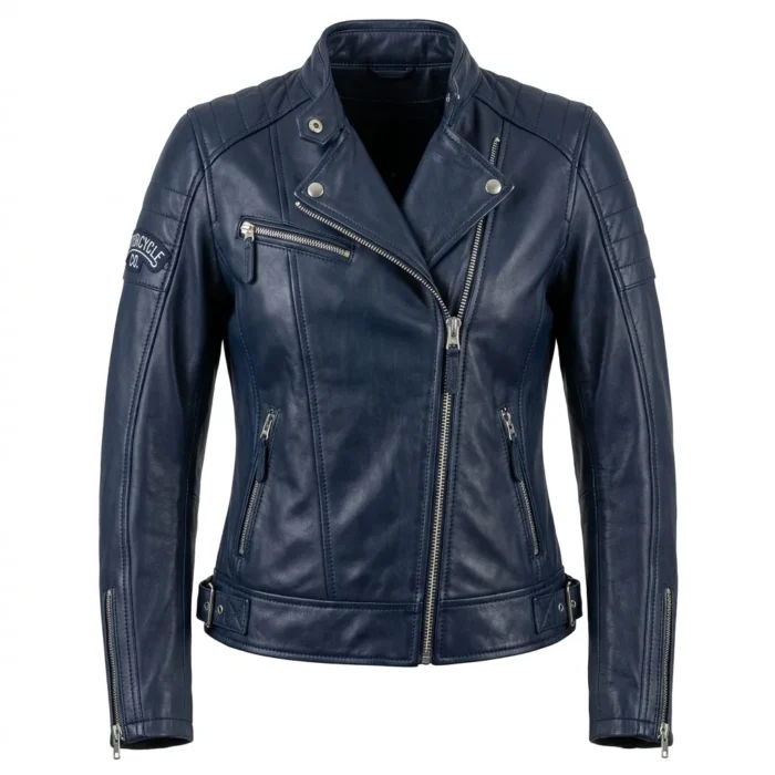 Iconic Women's Navy Blue Leather Moto Jacket Blackstone Jackets