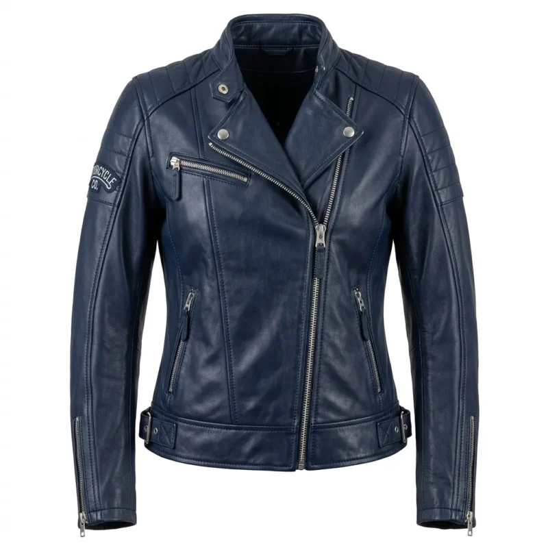 Iconic Women's Navy Blue Leather Moto Jacket Blackstone Jackets