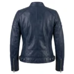Iconic Women's Navy Blue Leather Moto Jacket Blackstone Jackets Back View